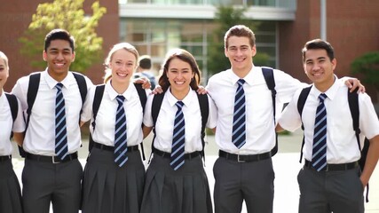 A group of smiling male and female students stand outdoors. They are wearing white tops and school uniforms with a blurred building in the background.