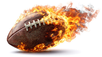 A flaming football roars across a white backdrop, flames curling around its stitched surface, alive