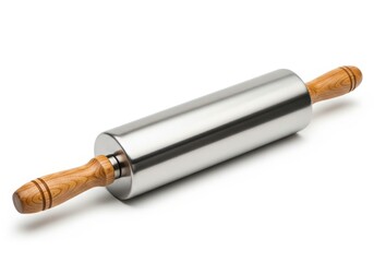 Stainless steel baking tool featuring wooden handles rests on a white surface.