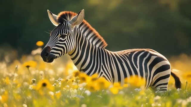 Striped zebra standing in a field of yellow wildflowers at sunset