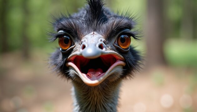 Close-up of excited emu with open beak and expressive eyes in natural forest background