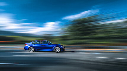 Blue sports car speeds along a highway with heavy motion blur, vivid sky and blurred trees under sky