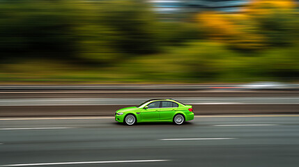 A bright lime-green sedan speeds along a multi-lane highway, blurred scenery rushing by at speed now