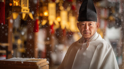 Serene portrait of an elderly Japanese Shinto priest in the falling snow, observing the sacred Shōgatsu & Hatsumōde New Year traditions in Japan