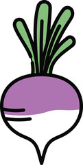 a minimalist purple-top turnip or radish with a white root and simple green leaf stalks.