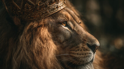 Regal lion wearing a jeweled crown, gazing into the distance in warm, dramatic light. Noble majesty
