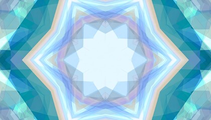 Symmetrical, abstract pattern with a central starburst.  Polygonal shapes in shades of teal,  blue,  and pastel.  Soft, translucent effect