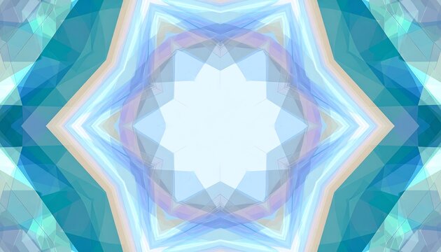Symmetrical, abstract pattern with a central starburst.  Polygonal shapes in shades of teal,  blue,  and pastel.  Soft, translucent effect - Powered by Adobe