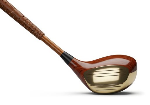 Close up of vintage wooden golf club head and handle against a white background - Powered by Adobe