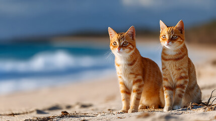 Two orange cats stand on a sunlit beach gazing toward the waves beside scattered sand. Near the sea