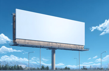 Blank billboard stands tall against a bright blue sky with fluffy clouds, offering space for advertising in a modern urban landscape.