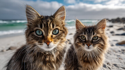 Two fluffy tabby cats sit on a sunny sandy beach with turquoise water behind them under a bright sky
