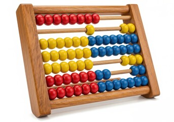 Wooden counting frame displays colorful sliding beads against a stark white background