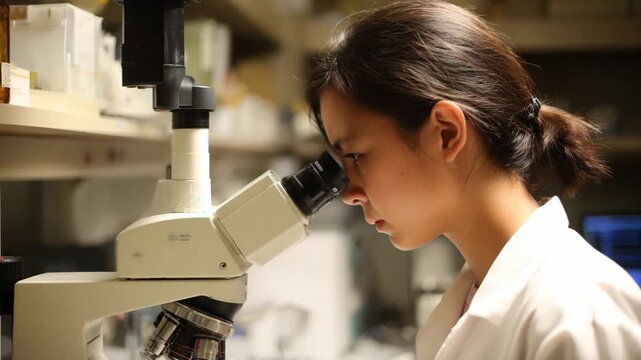 Researcher uses microscope to analyze biodegradable electronic components focusing on reducing electronic waste by integrating compostable materials in device manufacturing.