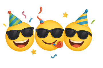 Party emojis wearing sunglasses and hats, celebrating with confetti and a party blower, feeling happy