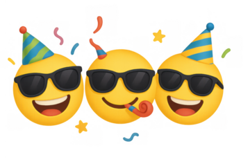 Party emojis wearing sunglasses and hats, celebrating with confetti and a party blower, feeling happy