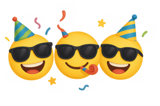 Party emojis wearing sunglasses and hats, celebrating with confetti and a party blower, feeling happy