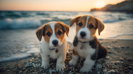 Two beagle puppies sit on a pebbled beach at sunset, with gentle waves behind them. Soft warm glow!!