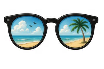 Sunglasses reflecting a tropical beach scene with palm tree, ocean, and sandy shore, symbolizing summer vacation and travel