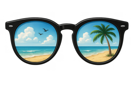 Sunglasses reflecting a tropical beach scene with palm tree, ocean, and sandy shore, symbolizing summer vacation and travel