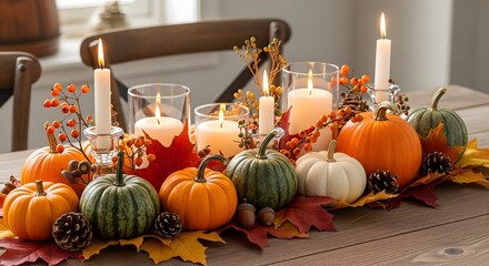 A thanksgiving centerpiece with pumpkins candles leaves and berries on a wooden table indoors bright lighting