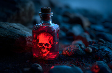 Glowingly red skull inside glass bottle rests on dark rocks near ocean shore at night, creating eerie and mysterious atmosphere.