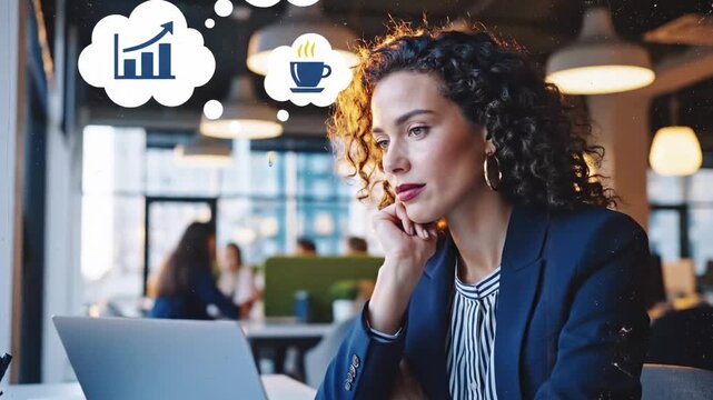 Thoughtful businesswoman working on laptop with global idea and growth chart in thought bubble