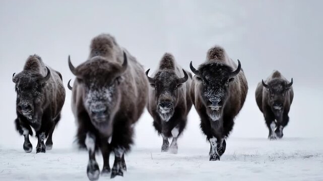 Herd of bison walking through snowy landscape in foggy weather showcasing natural wildlife behavior