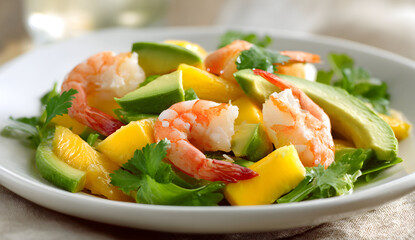 Delicious shrimp salad with mango and avocado served on white plate, showcasing vibrant colors and fresh ingredients for a healthy and appetizing meal.