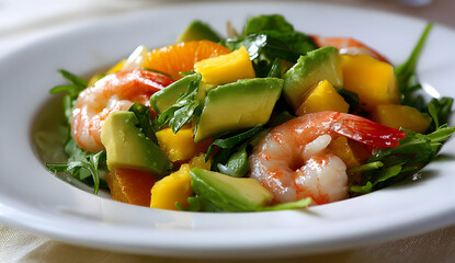 Delicious shrimp salad with mango and avocado served on a white plate, showcasing fresh ingredients and vibrant colors for a healthy and appetizing meal.