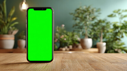 A wooden desk with a bright green smartphone screen surrounded by potted plants and soft warm light