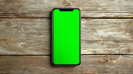 Smartphone with bright green screen rests on weathered wooden table, minimal and modern. Sleek calm
