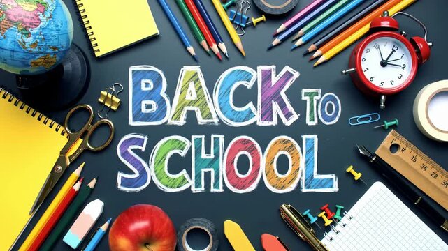 Overhead shot shows back to school text graphic surrounded by school supplies. Flat lay features pencils, scissors, apple, and clock on dark surface.