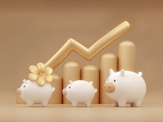 3D playful piggybank savings scene with a warm golden growth chart