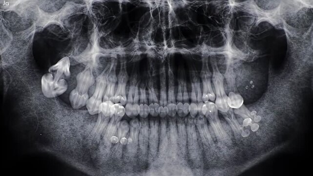 Detailed panoramic dental X-ray showcasing teeth roots, jawbone, and implants in contrasting black and white for medical and dental analysis.