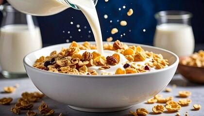 Milk Pouring into Healthy Breakfast Cereal with Nuts and Berries