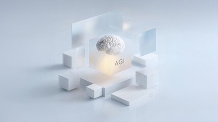 AGI brain in a minimal 3D glass cube for advanced intelligence concepts