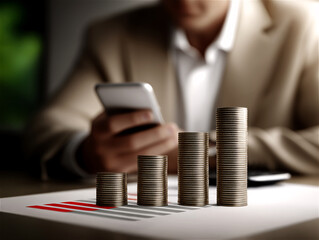 Wealth growth concept with coins man chart smartphone and bright professional tone