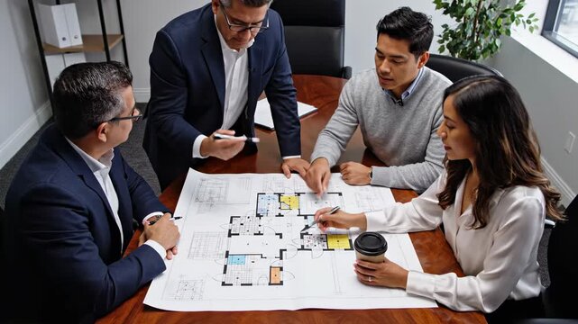 Diverse team of professionals collaborating on architectural blueprints in a modern office meeting room.
