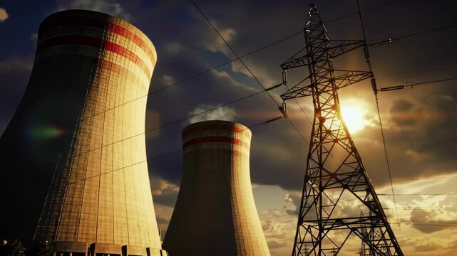 A power plant with towering cooling structures set against a vibrant sunset sky. High voltage power lines stretch across the foreground, emphasizing energy production.