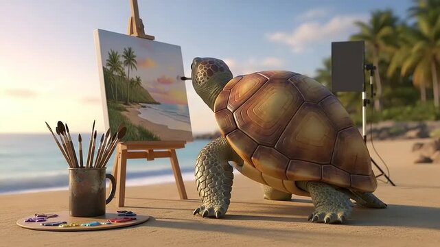A creative turtle painting a beautiful beach landscape on an easel by the ocean.