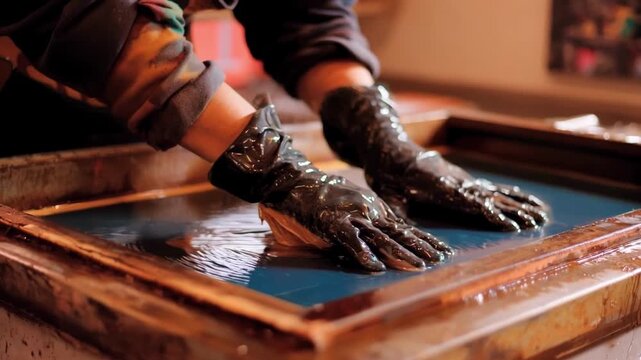 Hands gently washing a large format silkscreen frame removing residue to revive mesh clarity and improve future print sharpness.