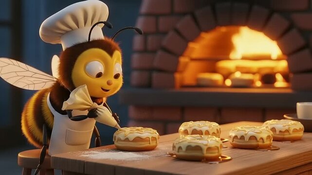 Adorable animated bee chef decorates delicious pastries in a warm bakery.
