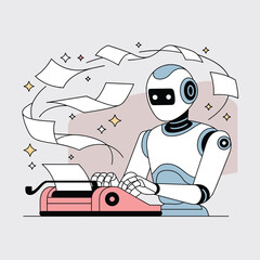 Robot Writing on Typewriter Artificial Intelligence Creative Writing Automation Vector Illustration