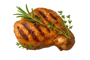 Grilled chicken leg with rosemary and thyme herbs, preparing delicious barbecue meat, a perfect summer meal