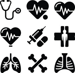 Medical Icons Stethoscope Heartbeat Syringe Pills Lungs Bones XRay Vector Set