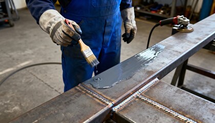 Medium shot showing a craftsman brushing protective paint over welded areas sealing them against environmental damage and corrosion.