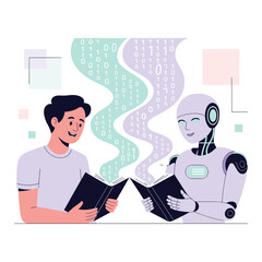 Human and Robot Reading Books Together AI Learning Technology Education Vector Illustration