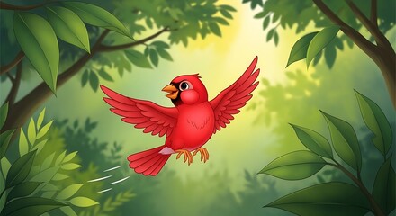 Cardinal in Flight - A Vibrant Red Bird Amidst Lush Greenery.