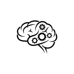 Black and white illustration of a brain with gears inside, representing thought and intellect.